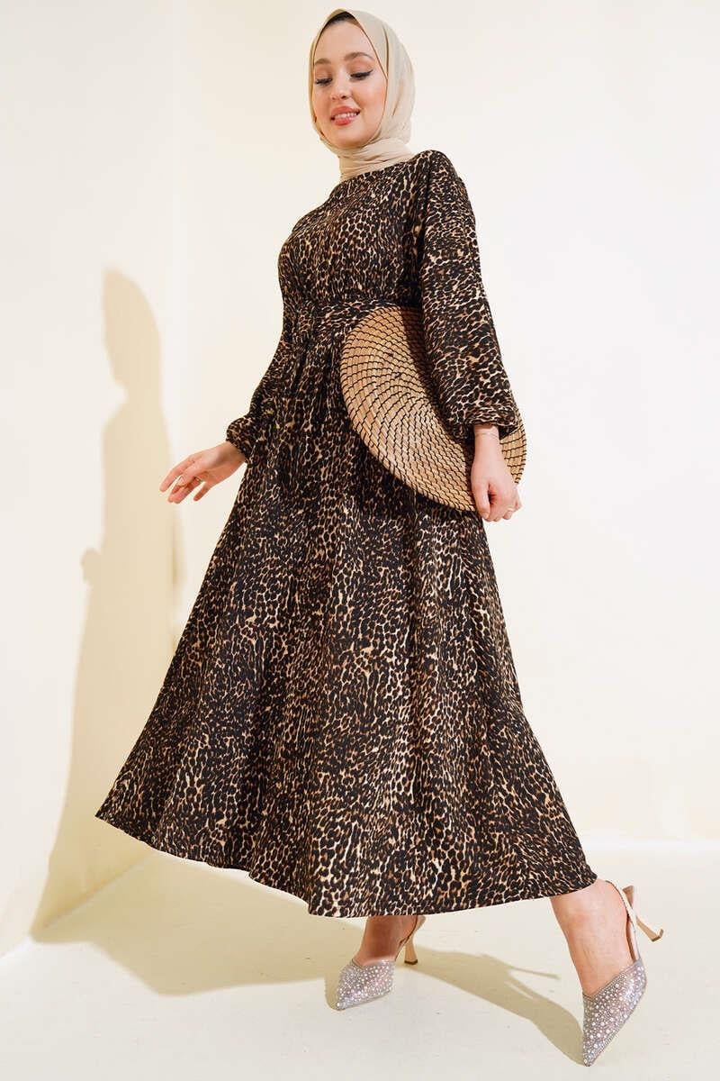 Leopar Desenli Elbise Camel