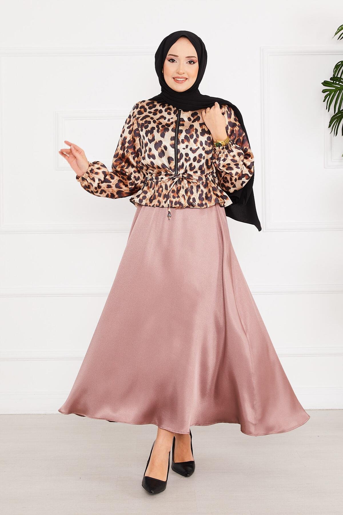 Leopar Desenli Tesettür Saten Takım -2
