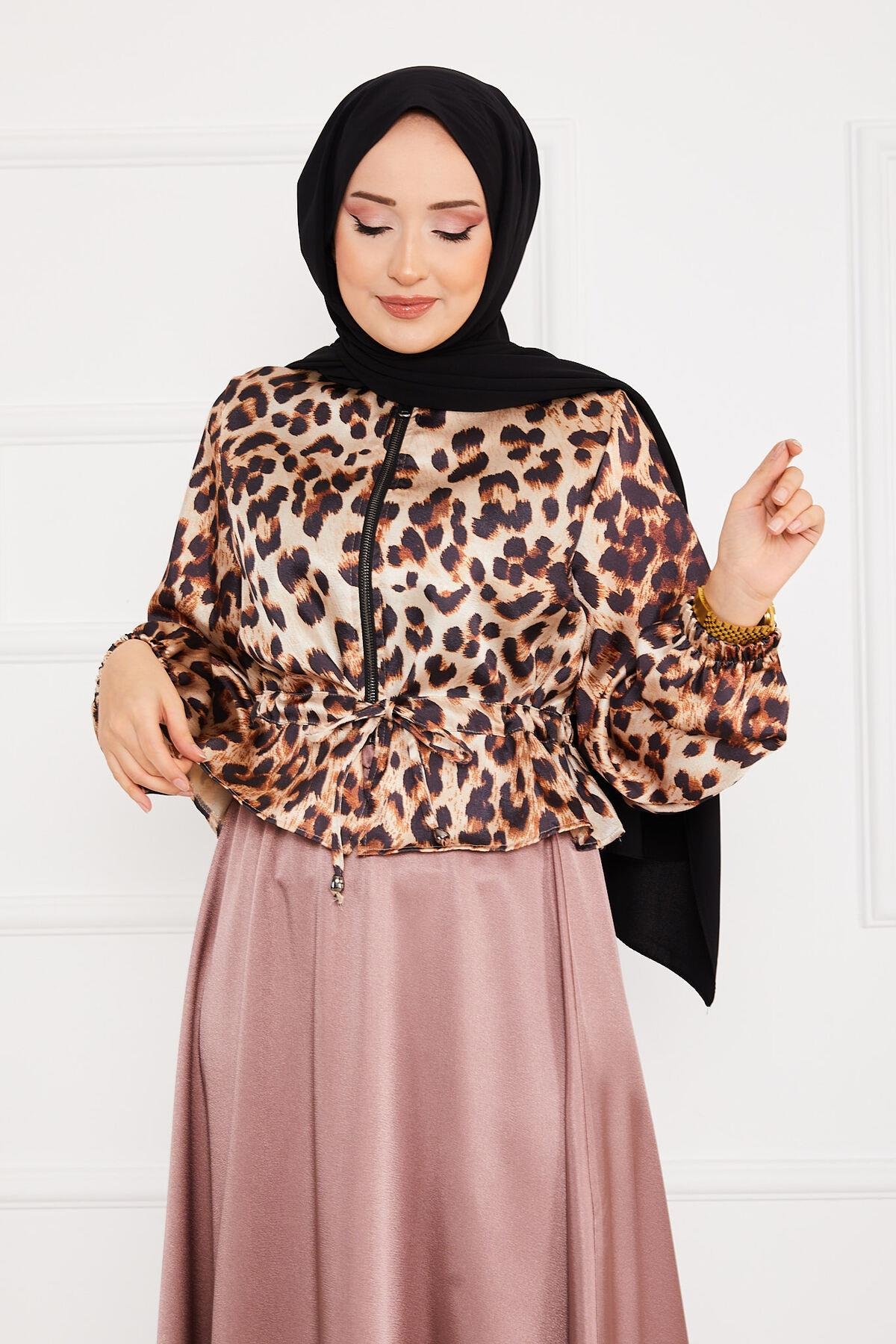 Leopar Desenli Tesettür Saten Takım -2