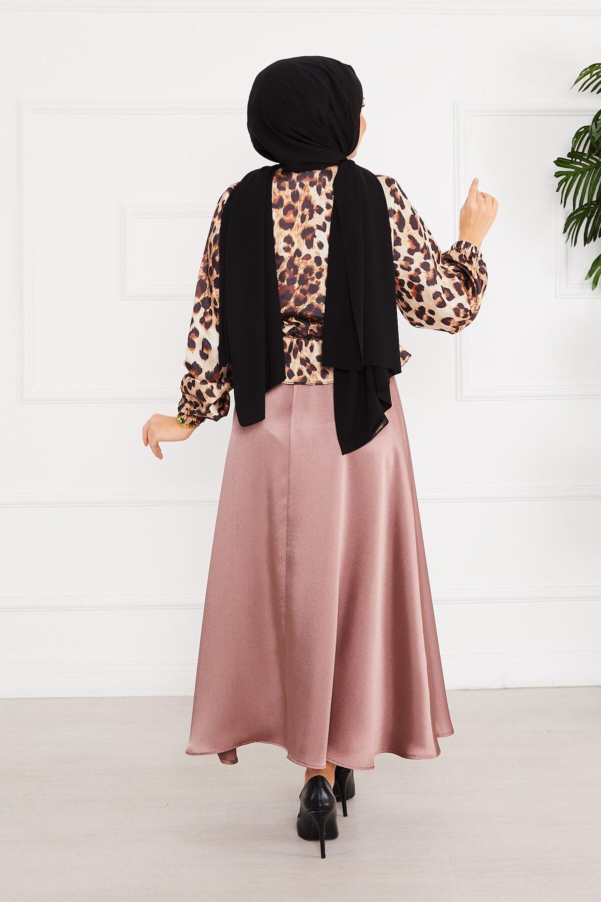 Leopar Desenli Tesettür Saten Takım -2
