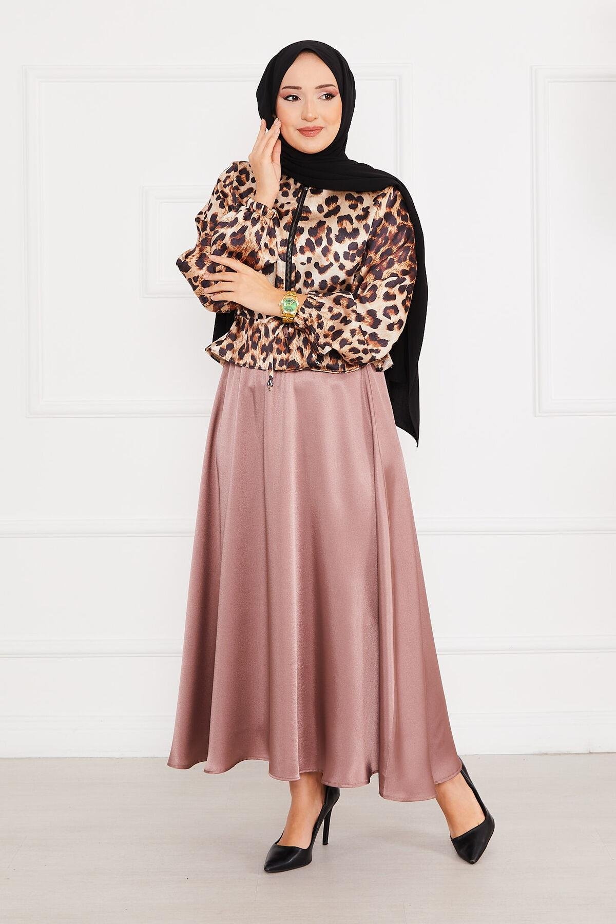 Leopar Desenli Tesettür Saten Takım -2