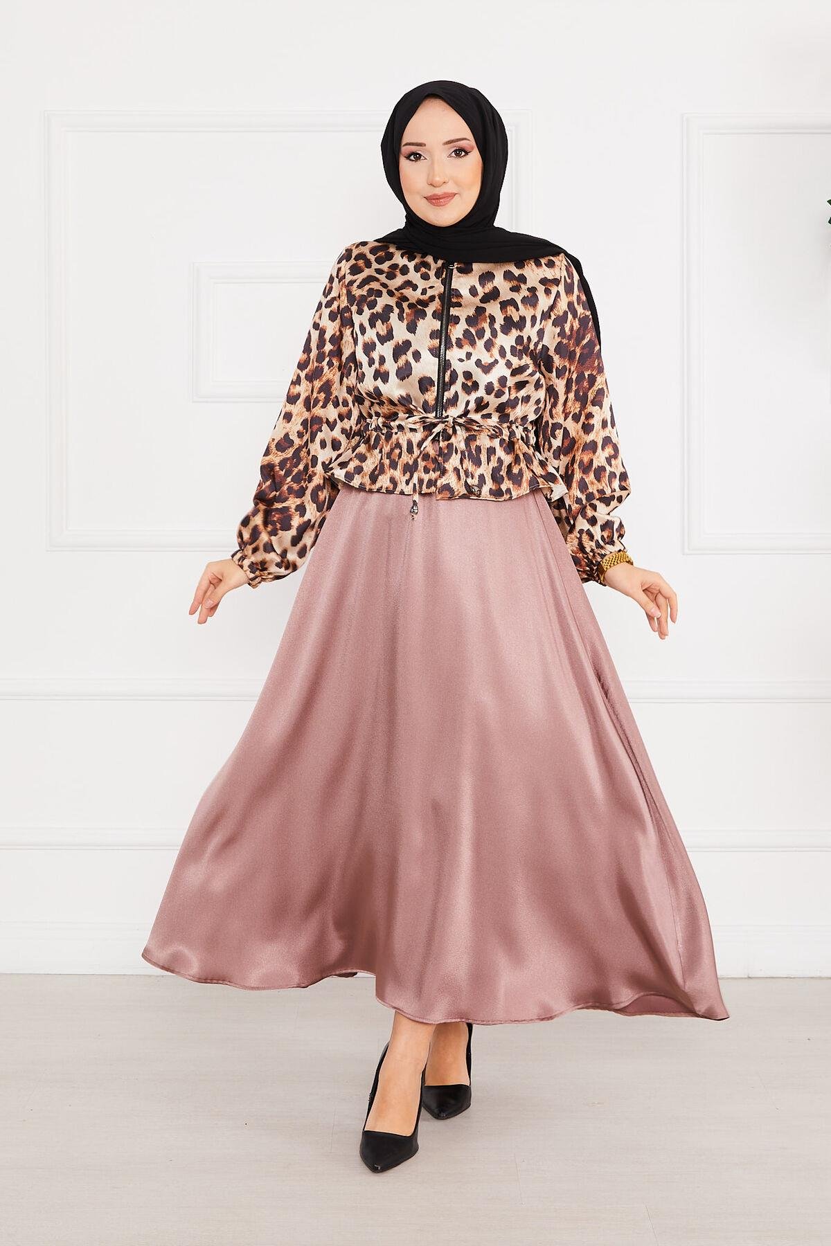 Leopar Desenli Tesettür Saten Takım -2