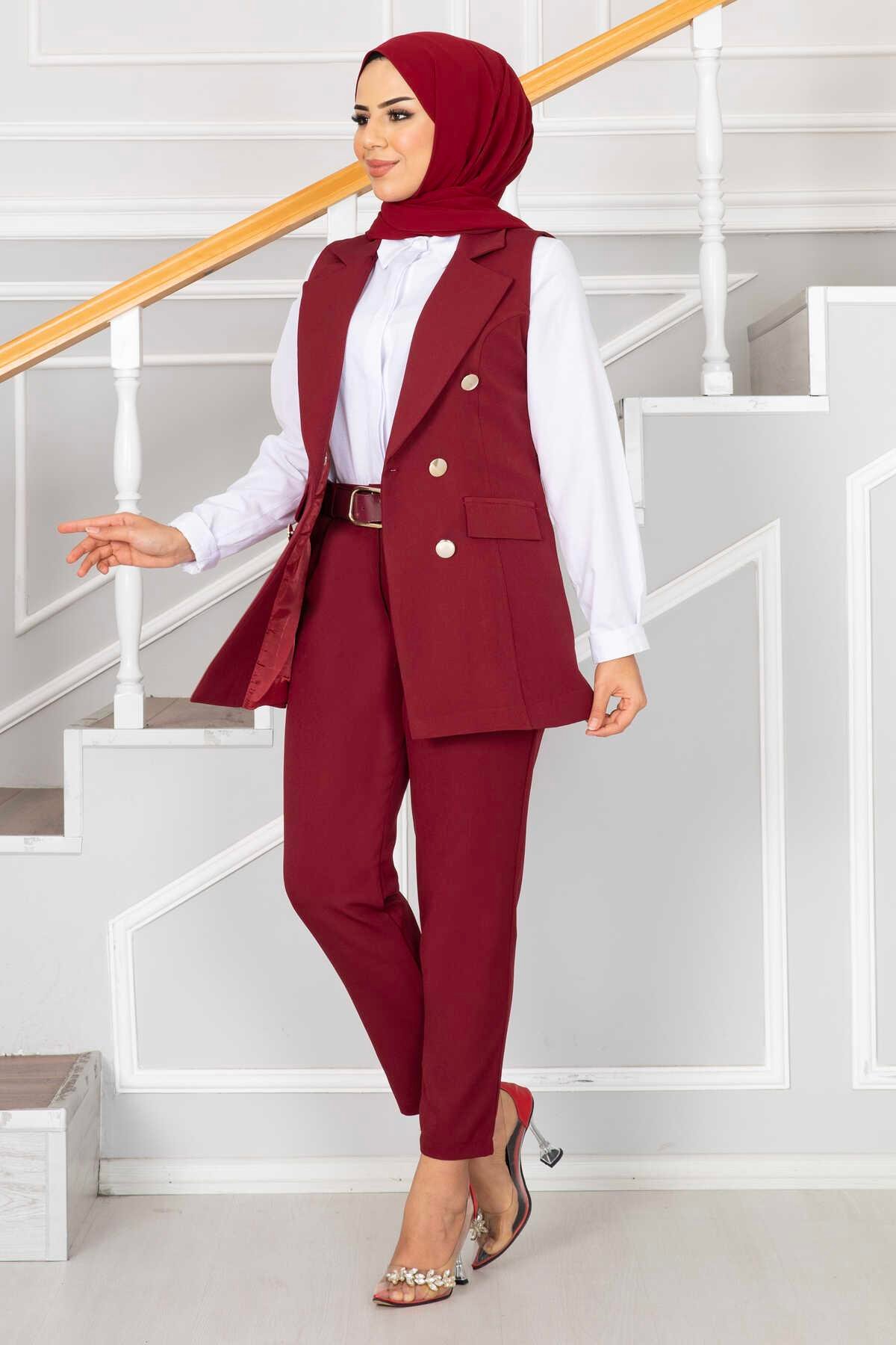 Mendil Yaka Detaylı Tesettür Yelek Takım Bordo