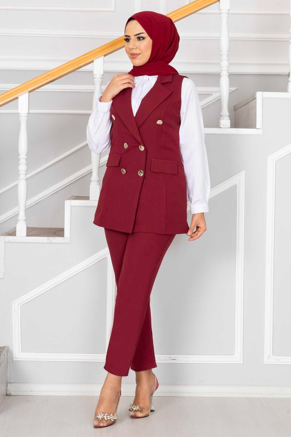 Mendil Yaka Detaylı Tesettür Yelek Takım Bordo