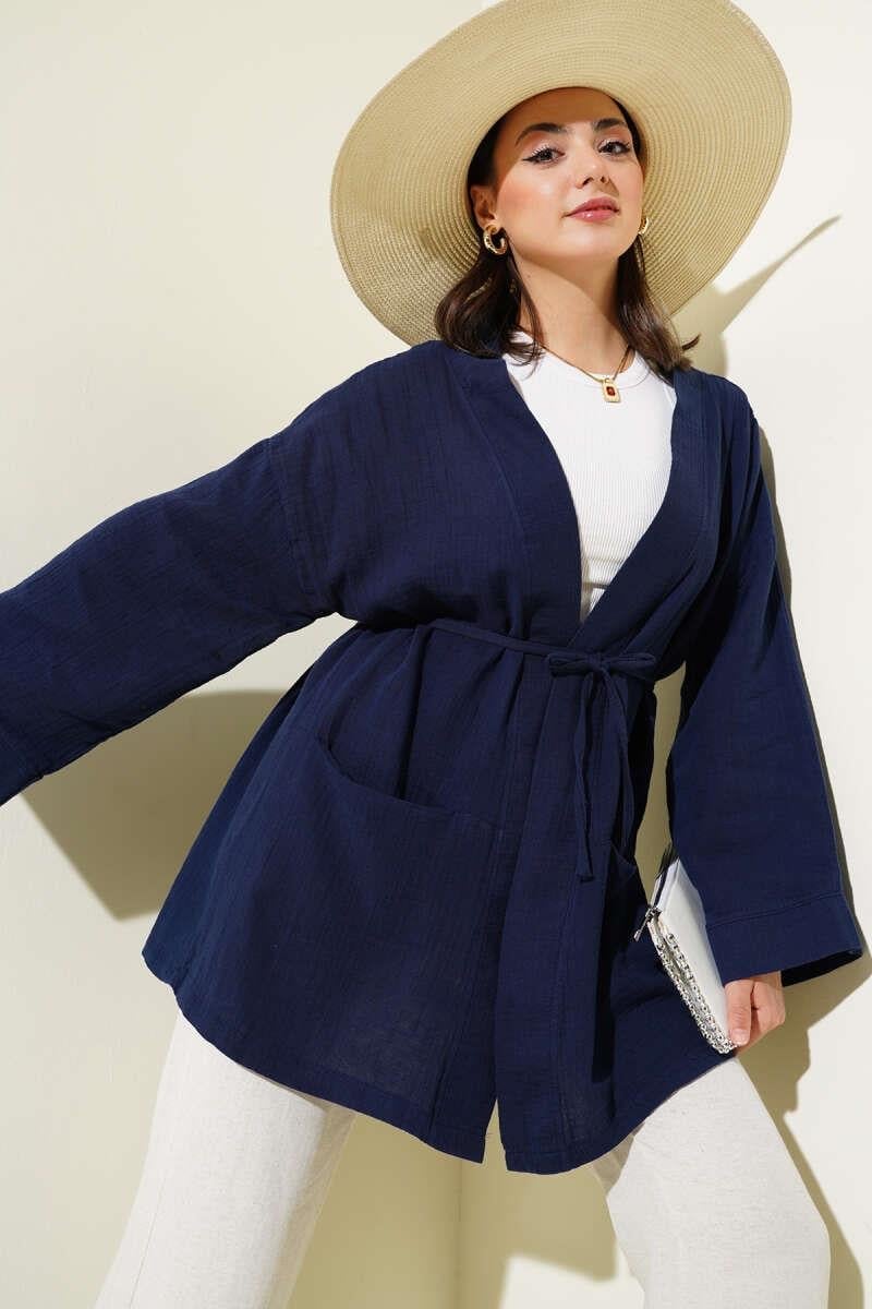 Müslin Belden Bağlamalı Kimono Lacivert