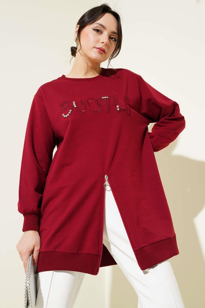 Nakışlı Fermuar Detaylı Tunik Bordo