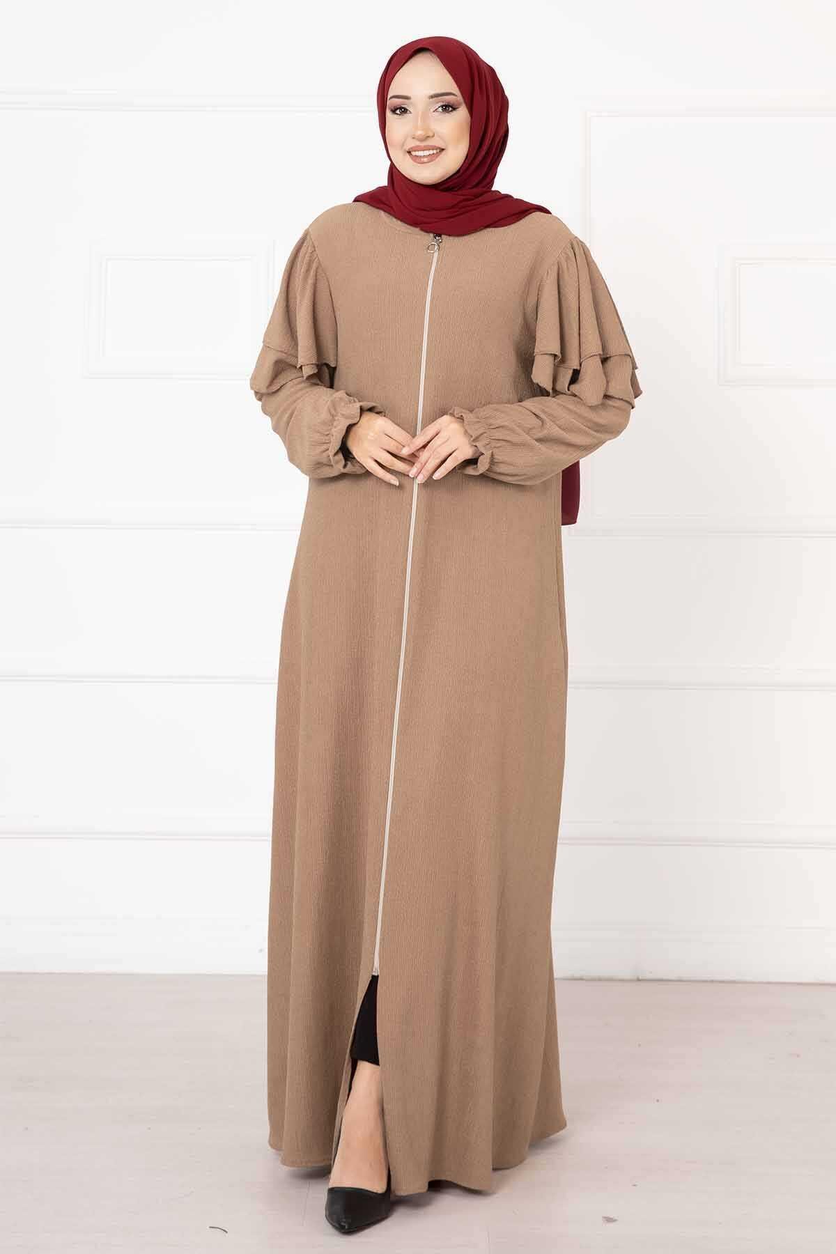 Omzu Fırfırlı Kolu Büzgülü Ferace Camel