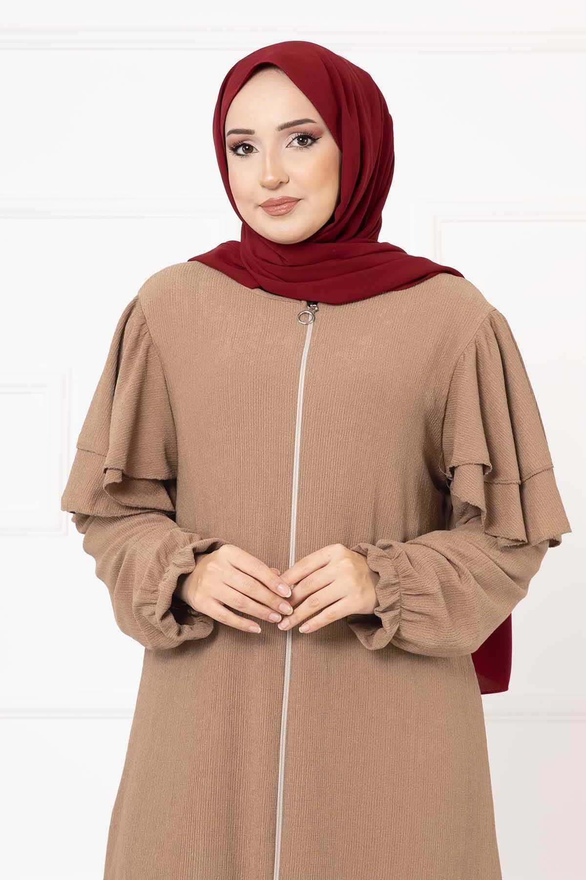Omzu Fırfırlı Kolu Büzgülü Ferace Camel