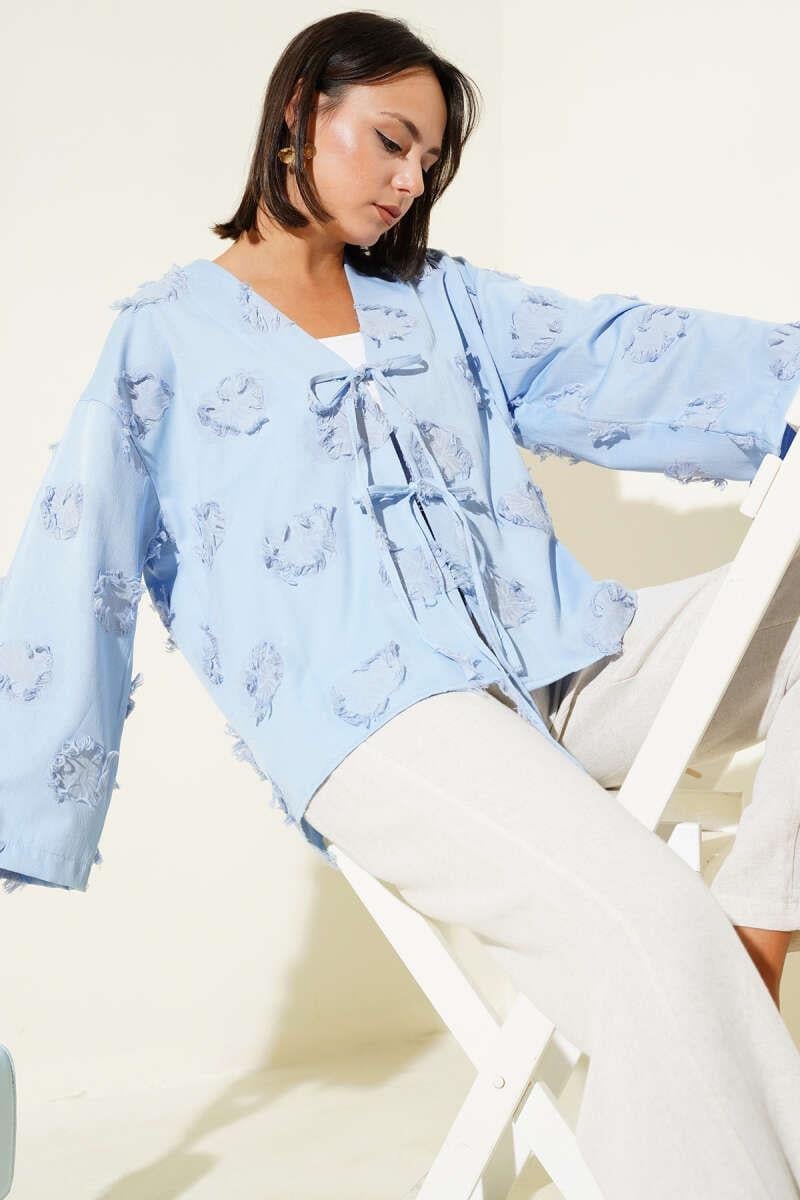 Önü Bağcıklı Püskül Detaylı Kimono Mavi