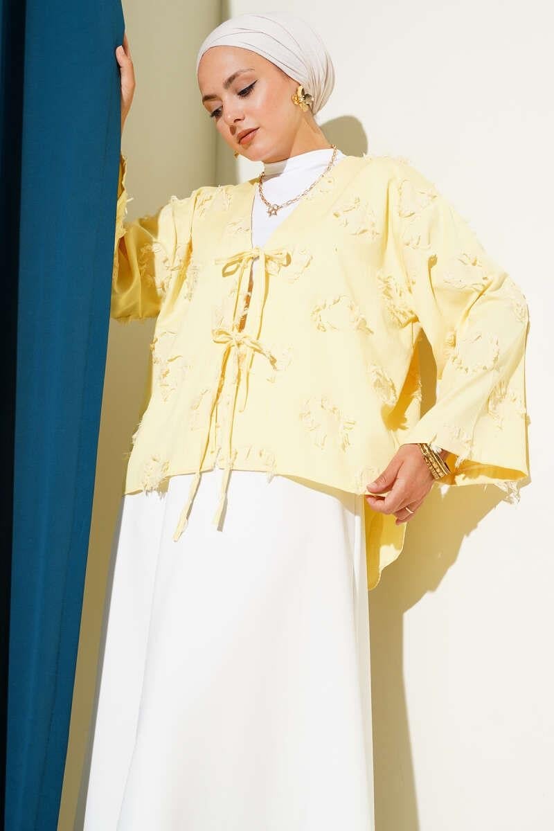 Önü Bağcıklı Püskül Detaylı Kimono Sarı