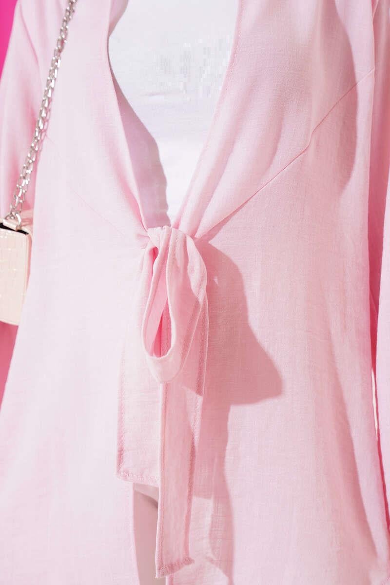 Önü Bağlama Detaylı Keten Kimono Pembe