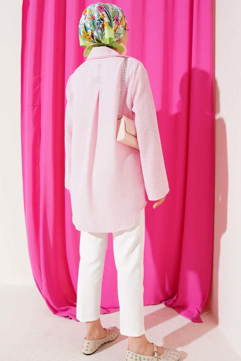 Önü Bağlama Detaylı Keten Kimono Pembe