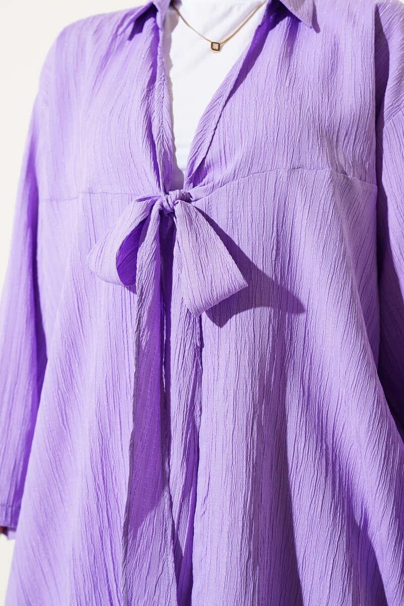 Önü Bağlamalı Bürümcük Kimono Lila