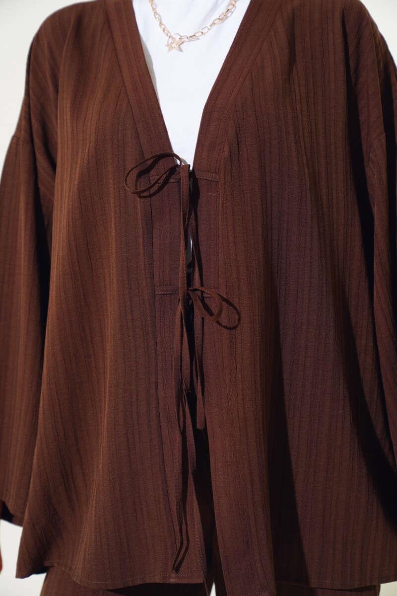 Önü Bağlamalı Kimono İkili Takım Kahve