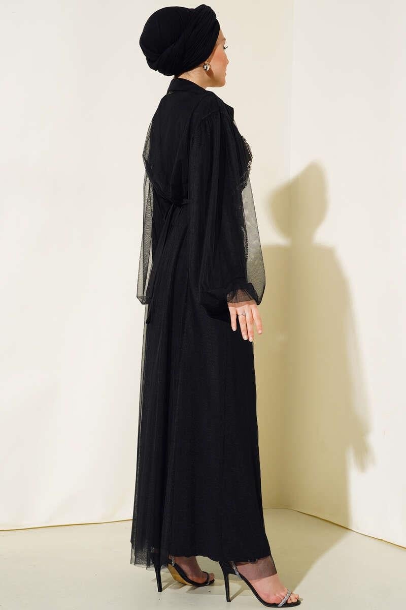 Önü Taş Ve Boncuklu Abaya Siyah 