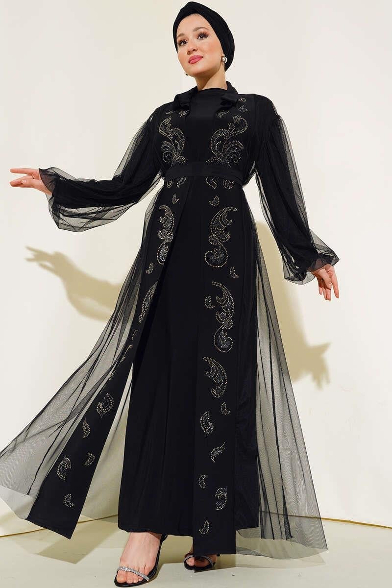 Önü Taş Ve Boncuklu Abaya Siyah 
