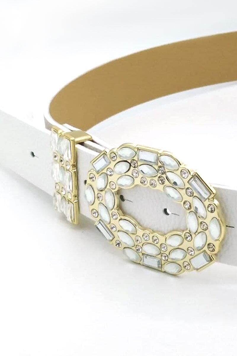 Oval Taş Süsleme Tokalı Beyaz Gold Kemer 