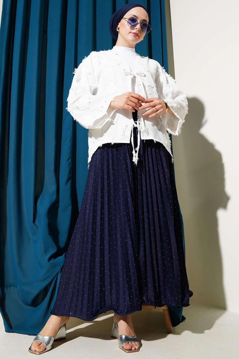 Püsküllü Bağlamalı Kimono Beyaz