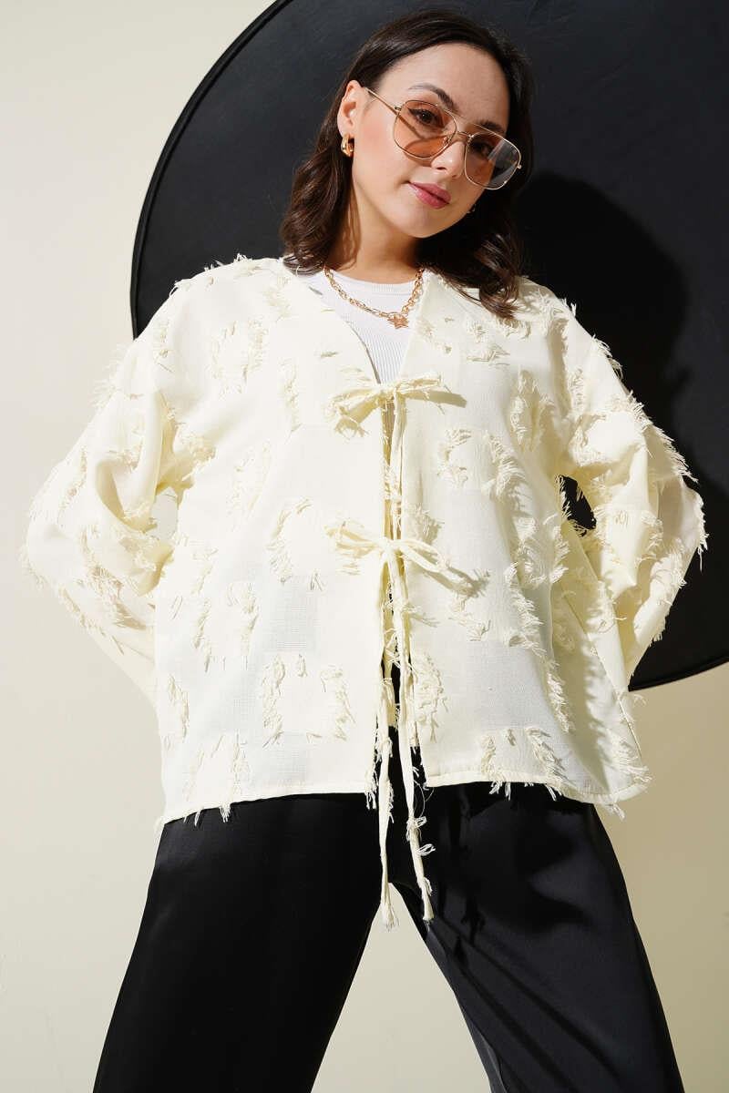 Püsküllü Bağlamalı Kimono Sarı