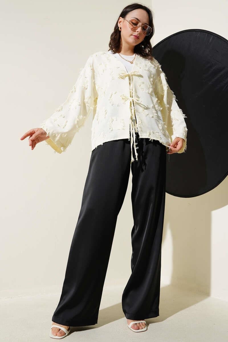 Püsküllü Bağlamalı Kimono Sarı