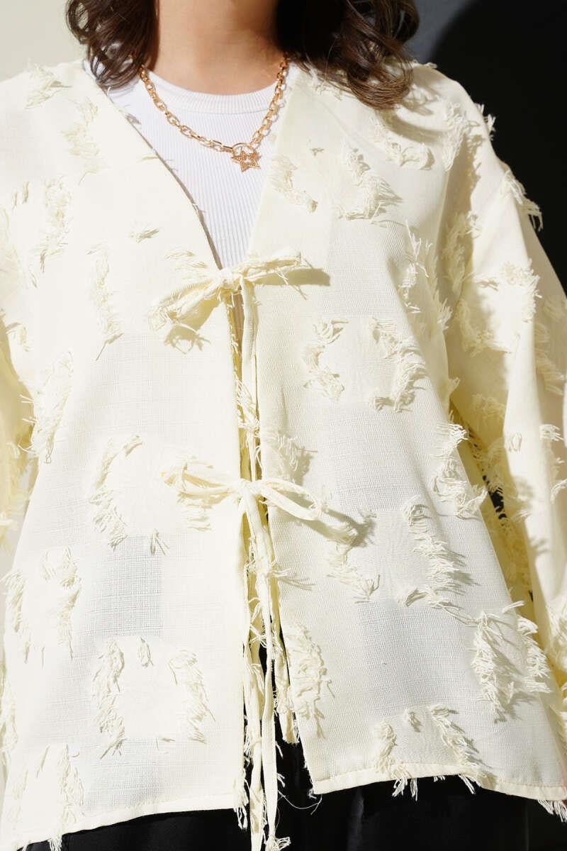 Püsküllü Bağlamalı Kimono Sarı