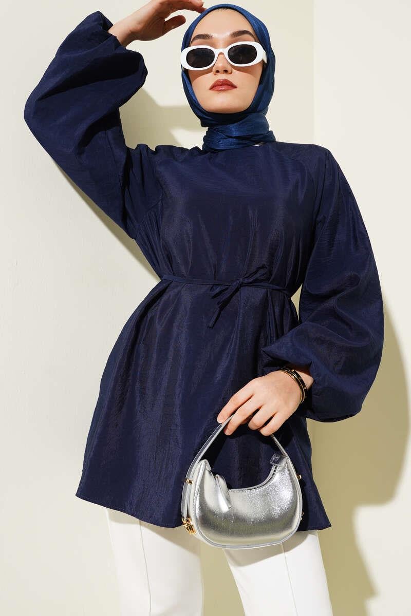 Reglan Balon Kol İp Kuşaklı Tunik Lacivert