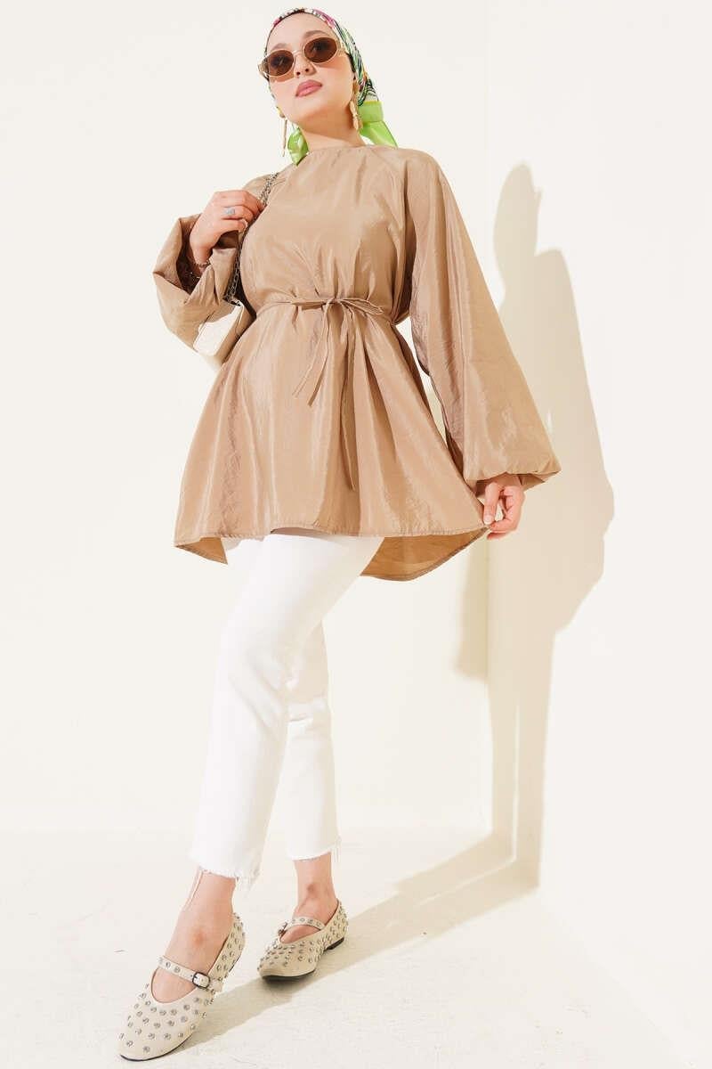 Reglan Balon Kol İp Kuşaklı Tunik Latte