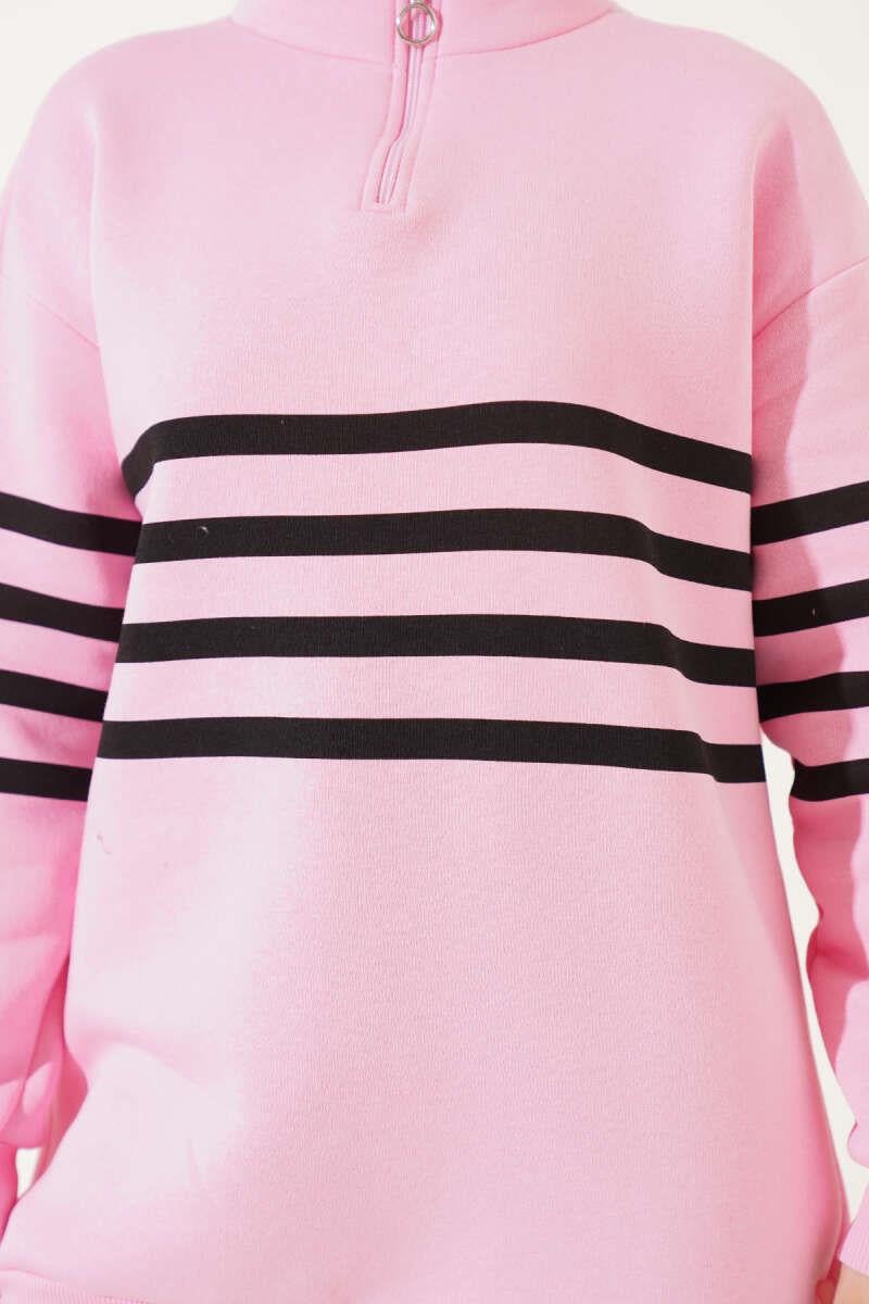 Şerit Baskılı Fermuarlı Üç İplik Sweatshirt Pembe