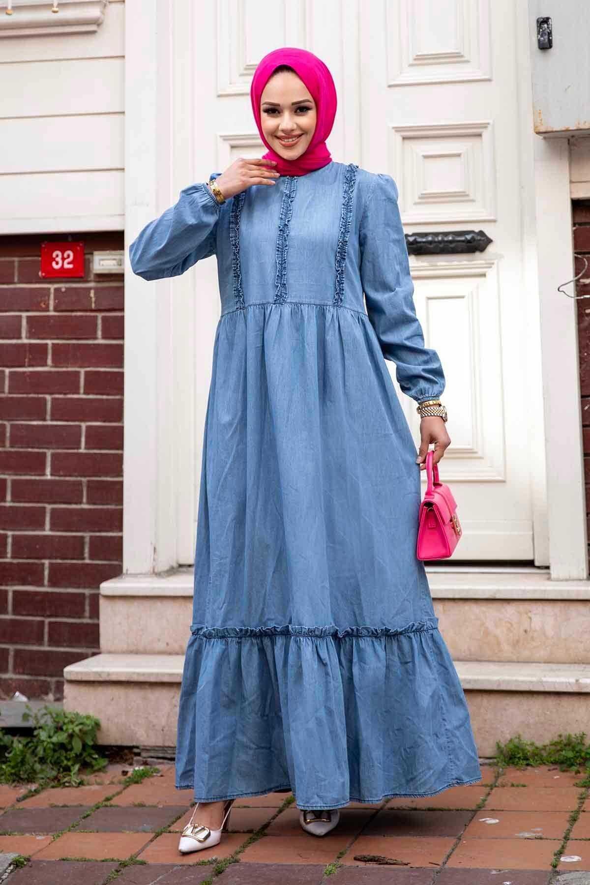 Şerit Fırfır Detaylı Tesettür Kot Elbise Açık Mavi