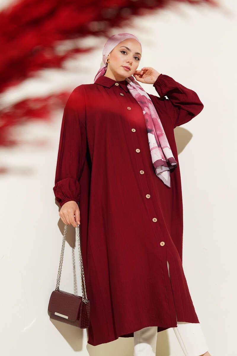 Tahta Düğmeli Uzun Tunik Bordo