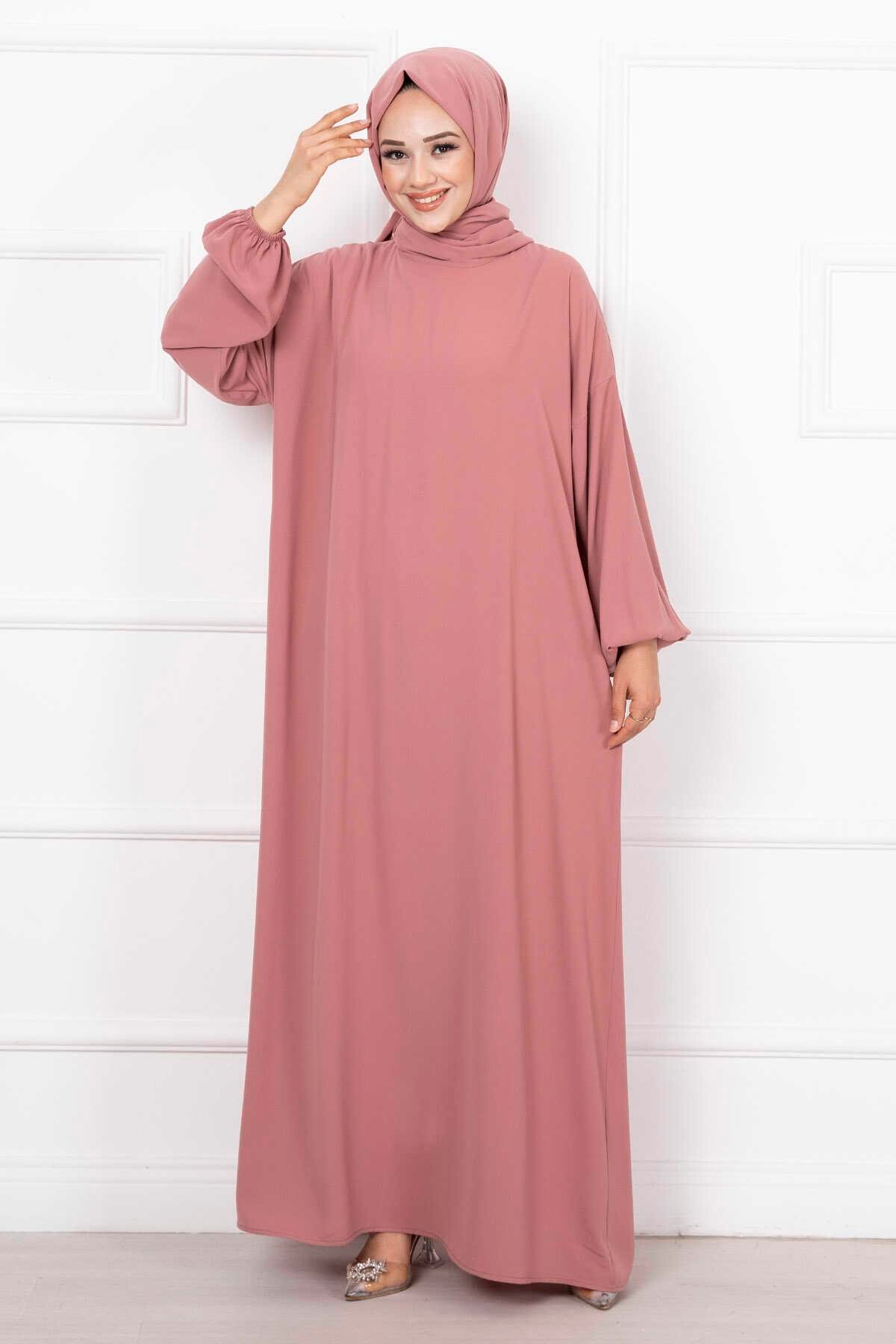 Tesettür Şallı Namaz Elbisesi Gülkurusu