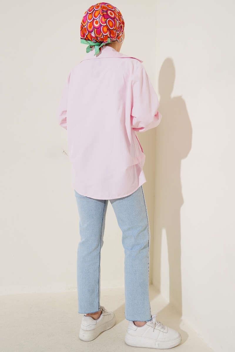 V Yaka Cepli Tunik Pembe