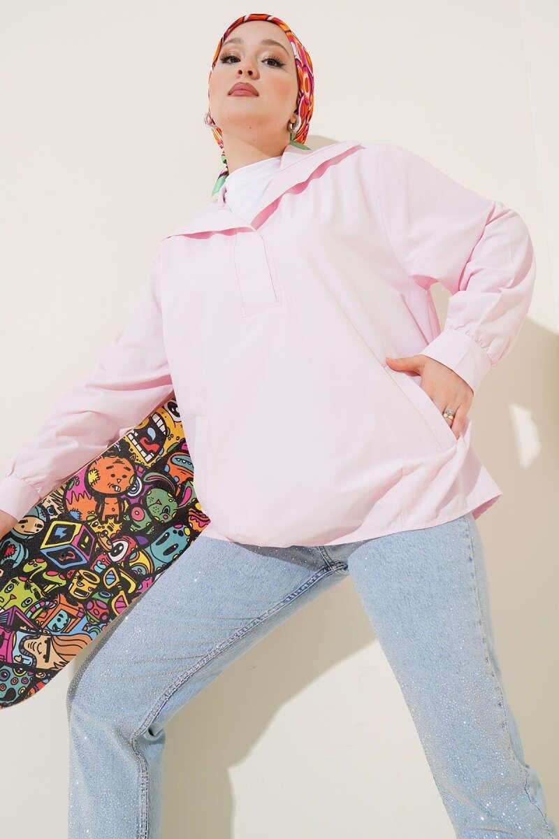 V Yaka Cepli Tunik Pembe