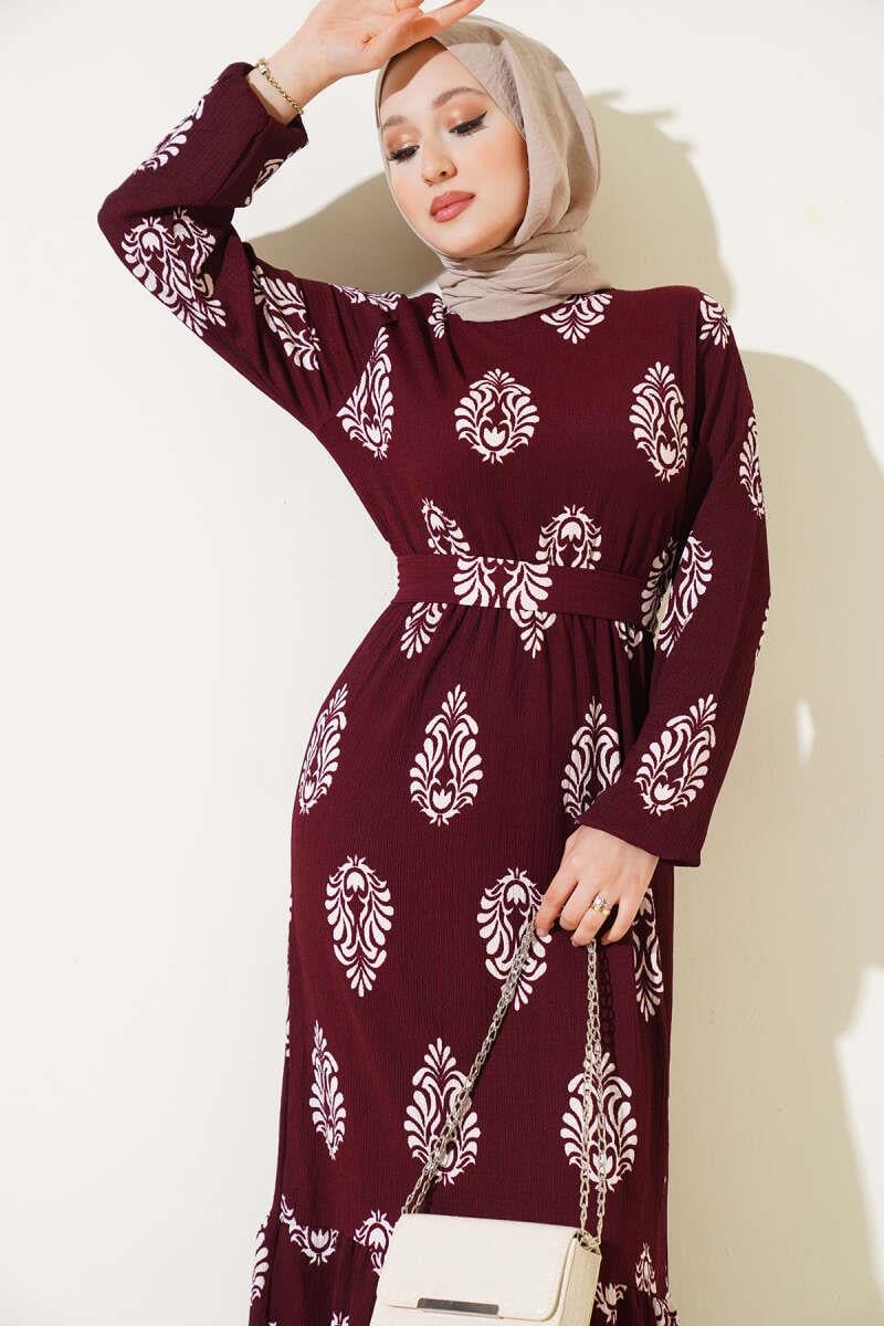 Volanlı Kuşaklı Desenli Bürümcük Elbise Bordo
