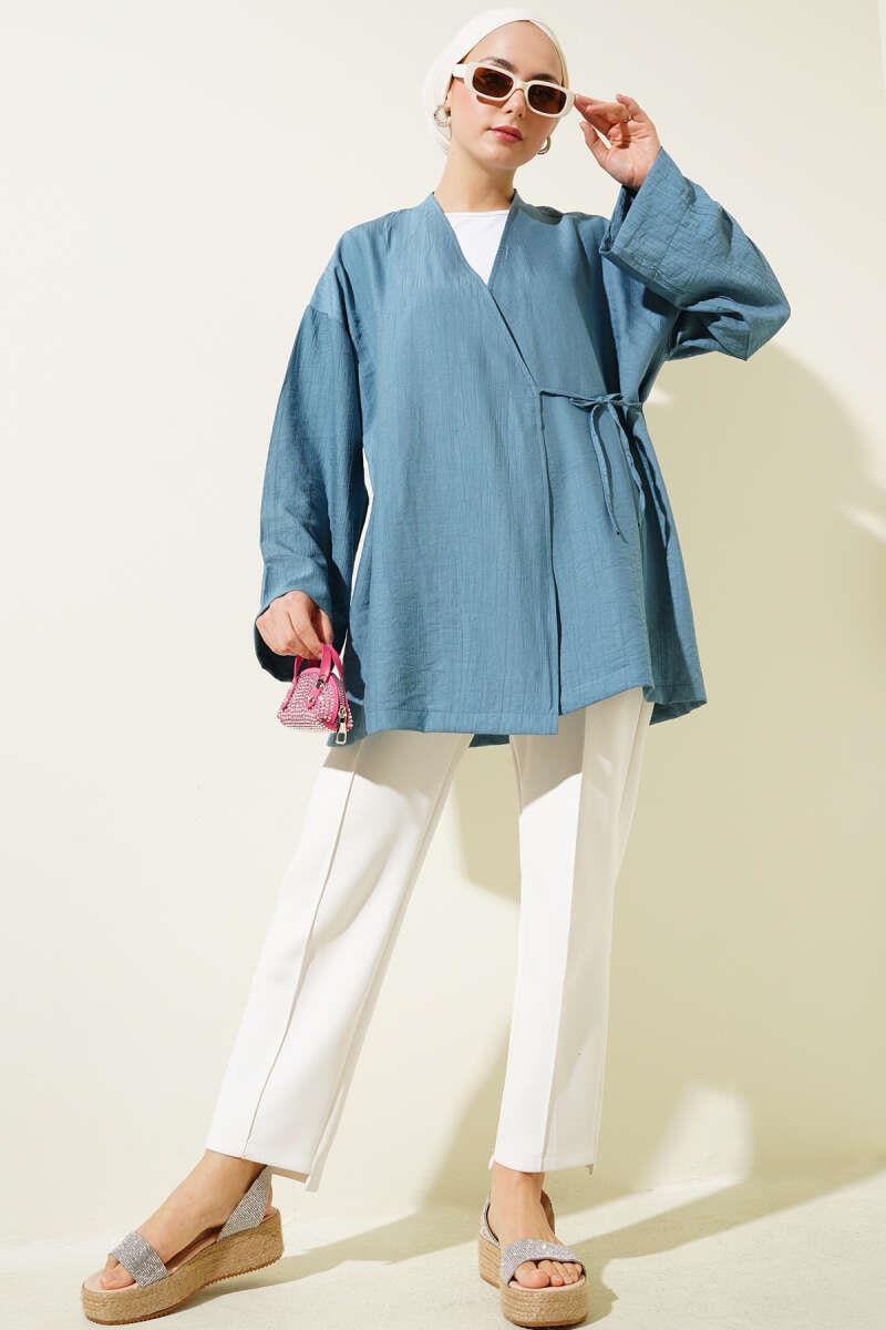 Yandan Çift İp Bağlamalı Kimono Bondi Mavisi