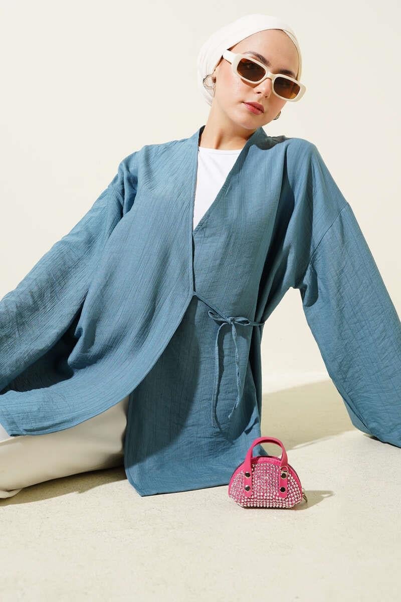 Yandan Çift İp Bağlamalı Kimono Bondi Mavisi