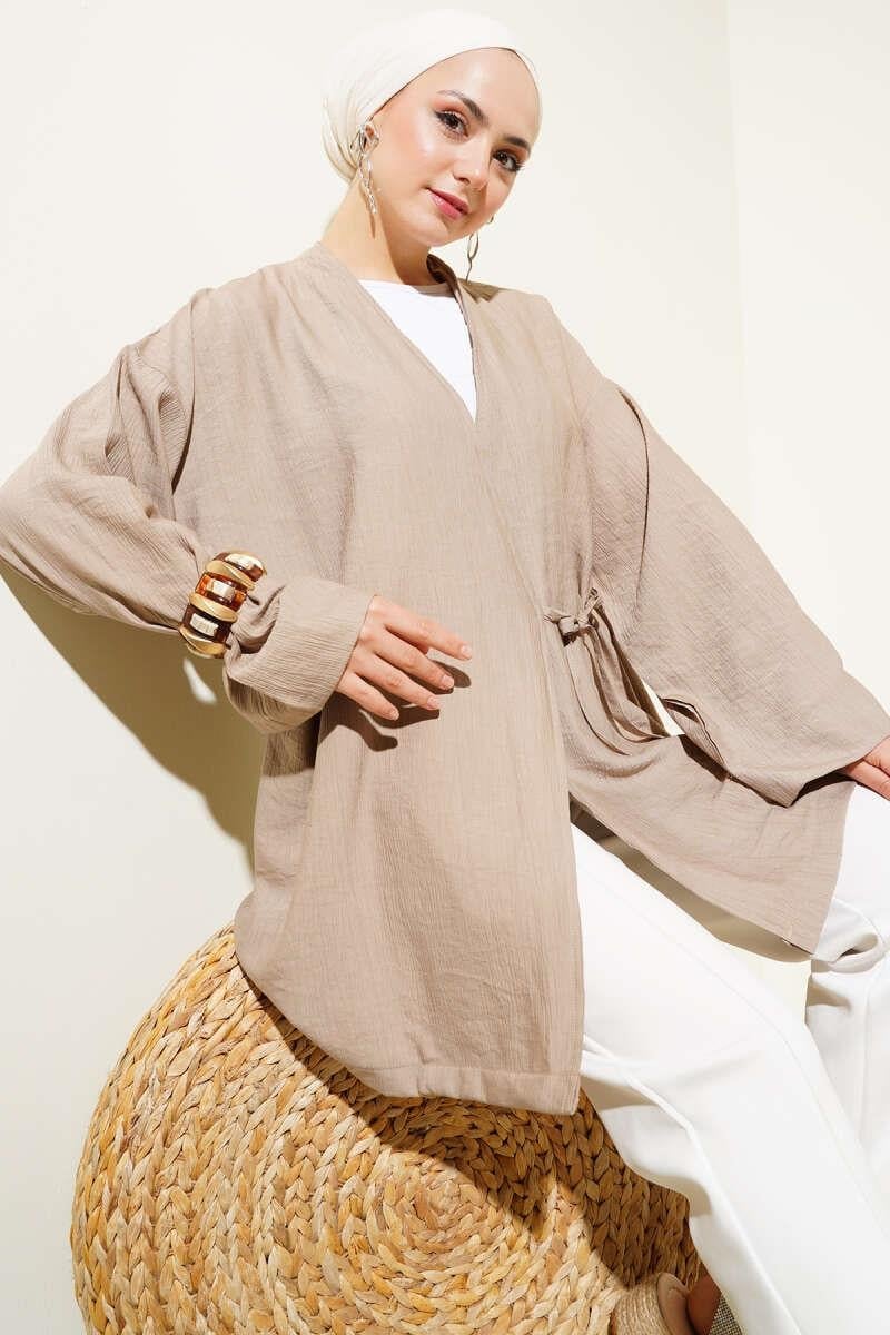 Yandan Çift İp Bağlamalı Kimono Latte