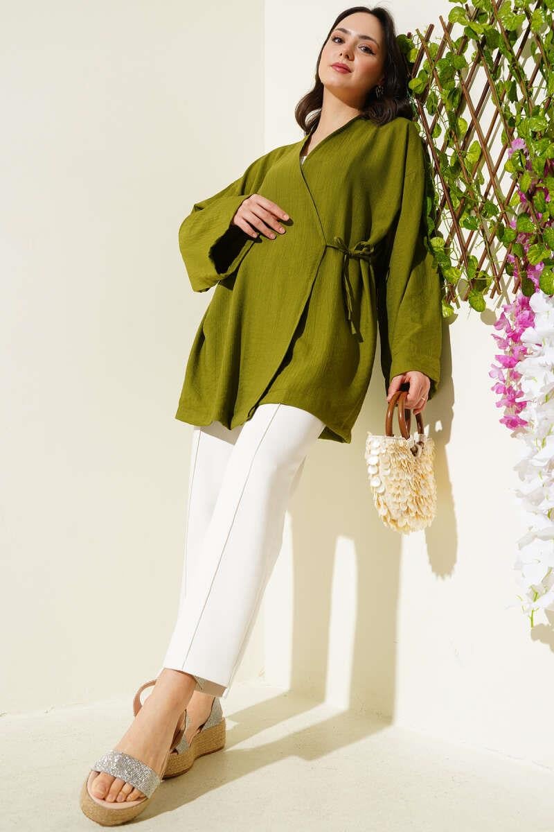 Yandan Çift İp Bağlamalı Kimono Yeşil