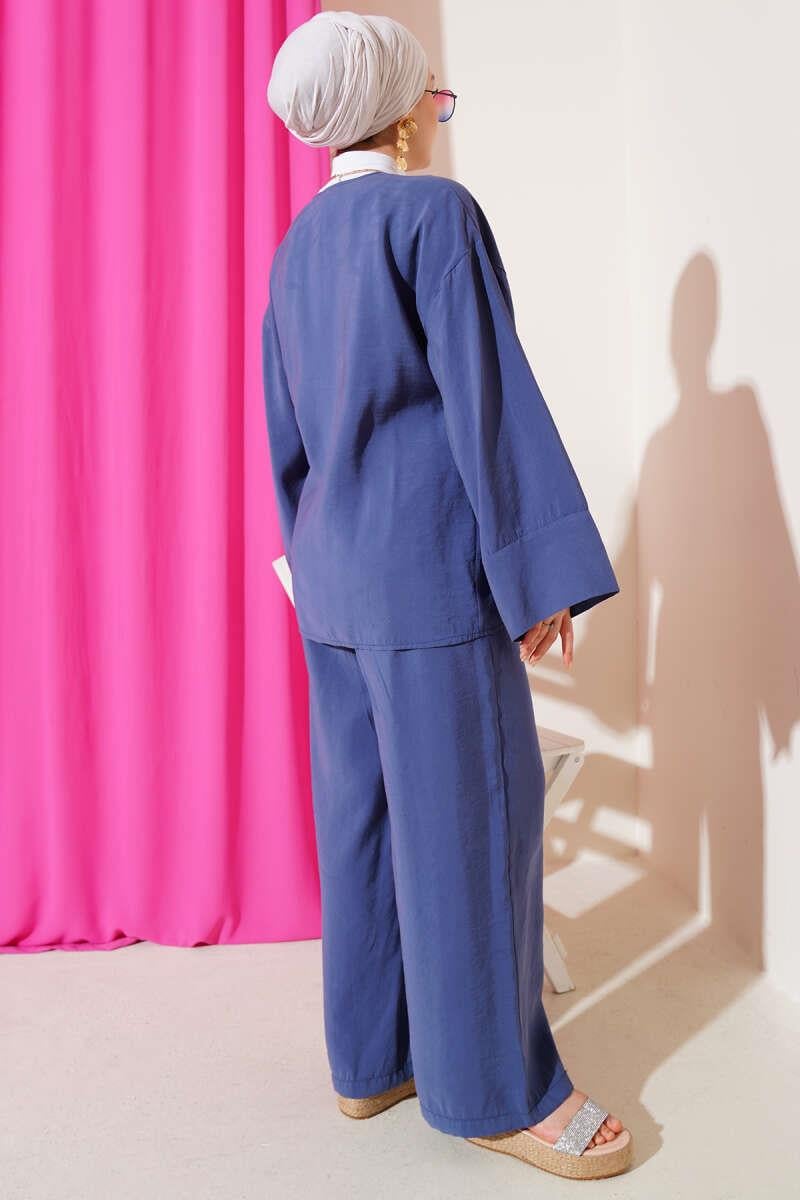 Yandan İp Bağcıklı Kimono İkili Takım İndigo