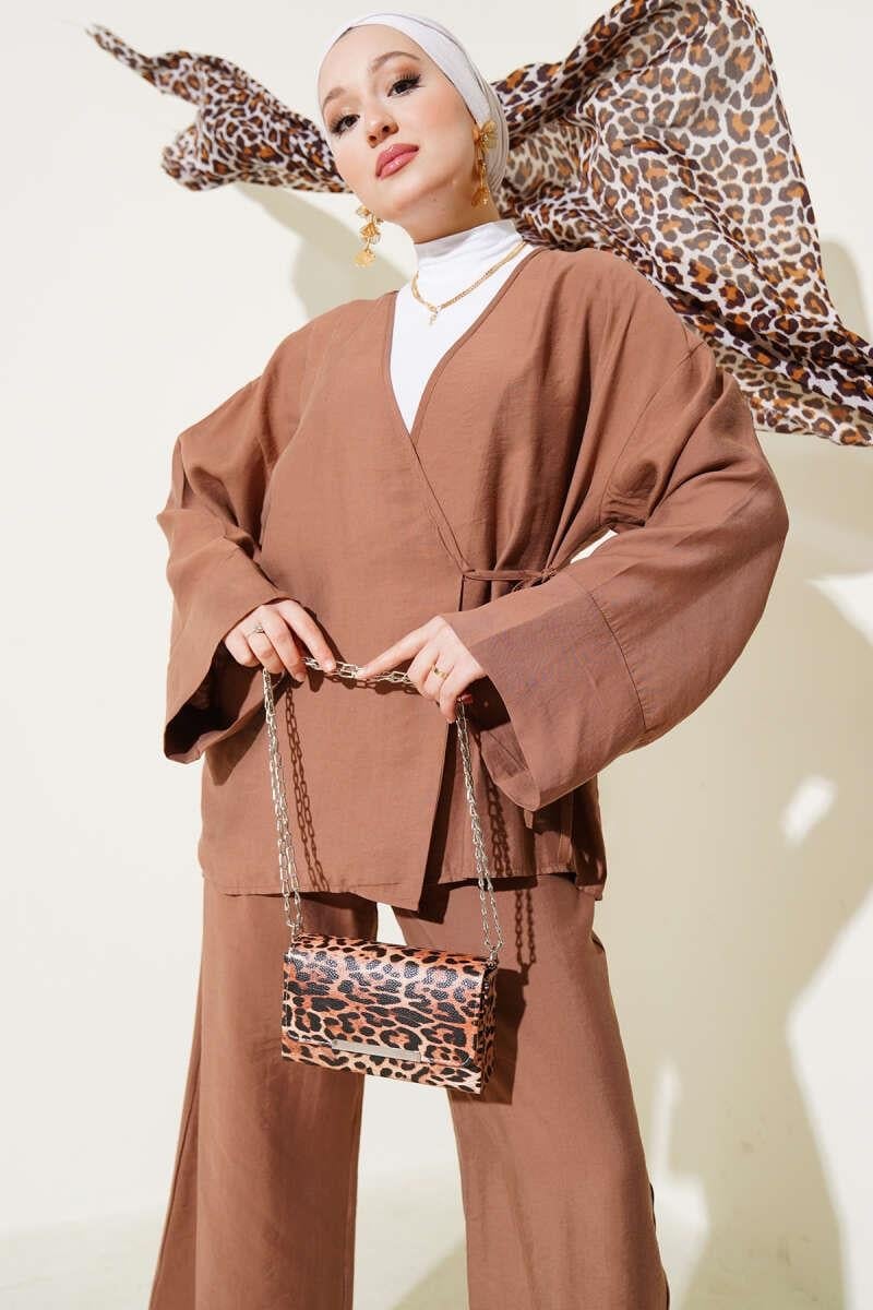 Yandan İp Bağcıklı Kimono İkili Takım Kahve