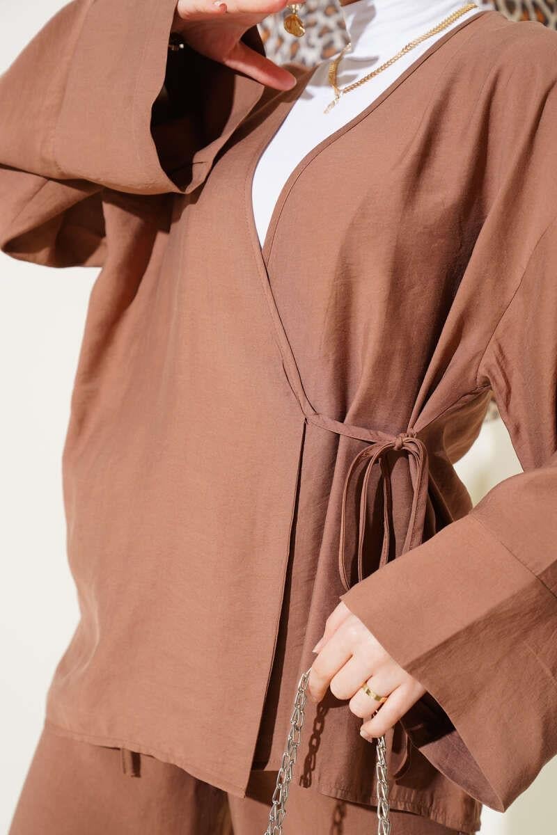 Yandan İp Bağcıklı Kimono İkili Takım Kahve