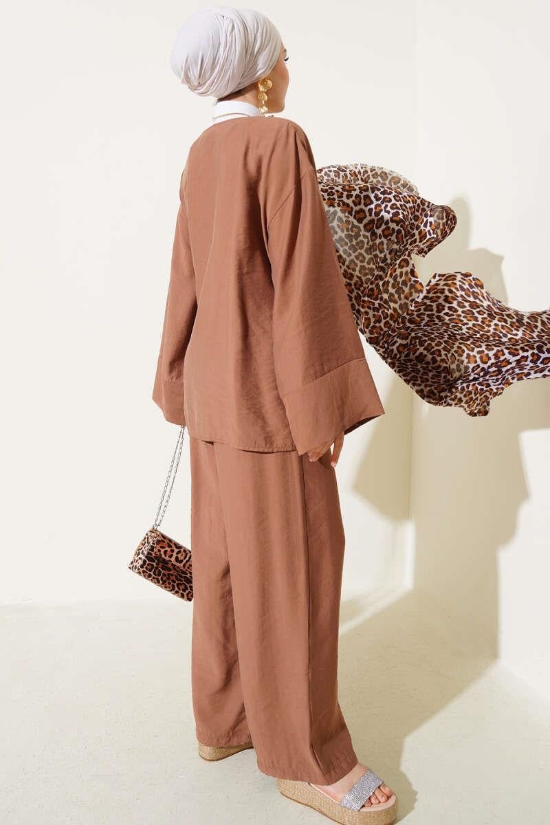 Yandan İp Bağcıklı Kimono İkili Takım Kahve