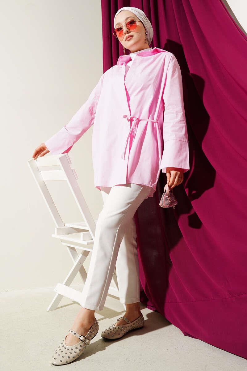 Yanı İp Bağlamalı Kimono Pembe