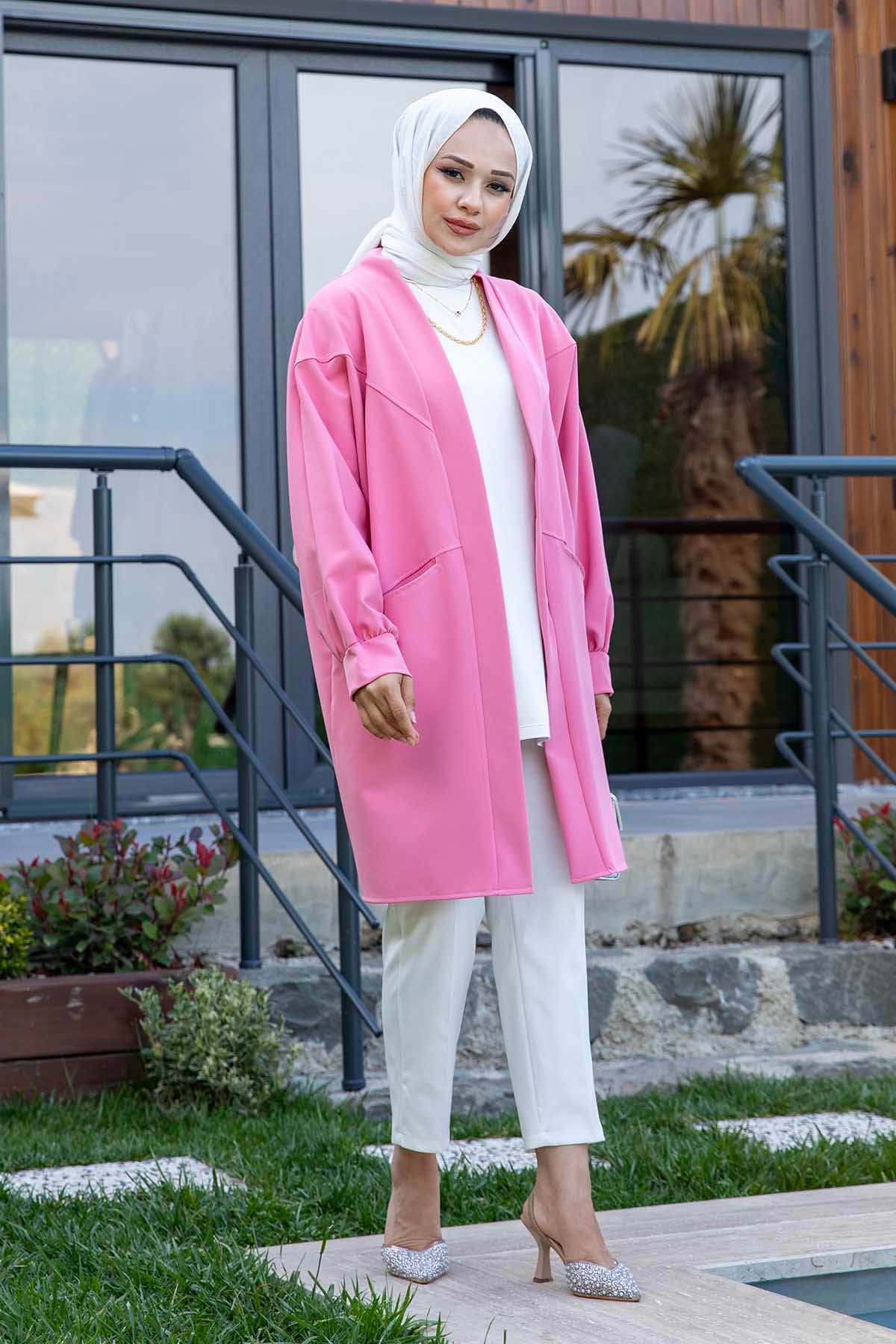 Yanları Cepli Atlas Tesettür Ceket Pembe