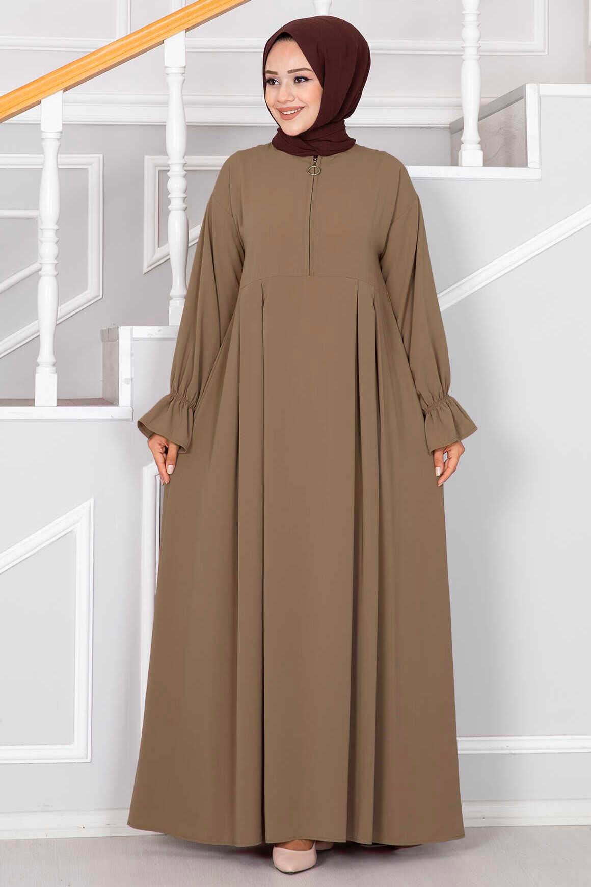 Yarım Fermuarlı Tesettür Elbise Camel