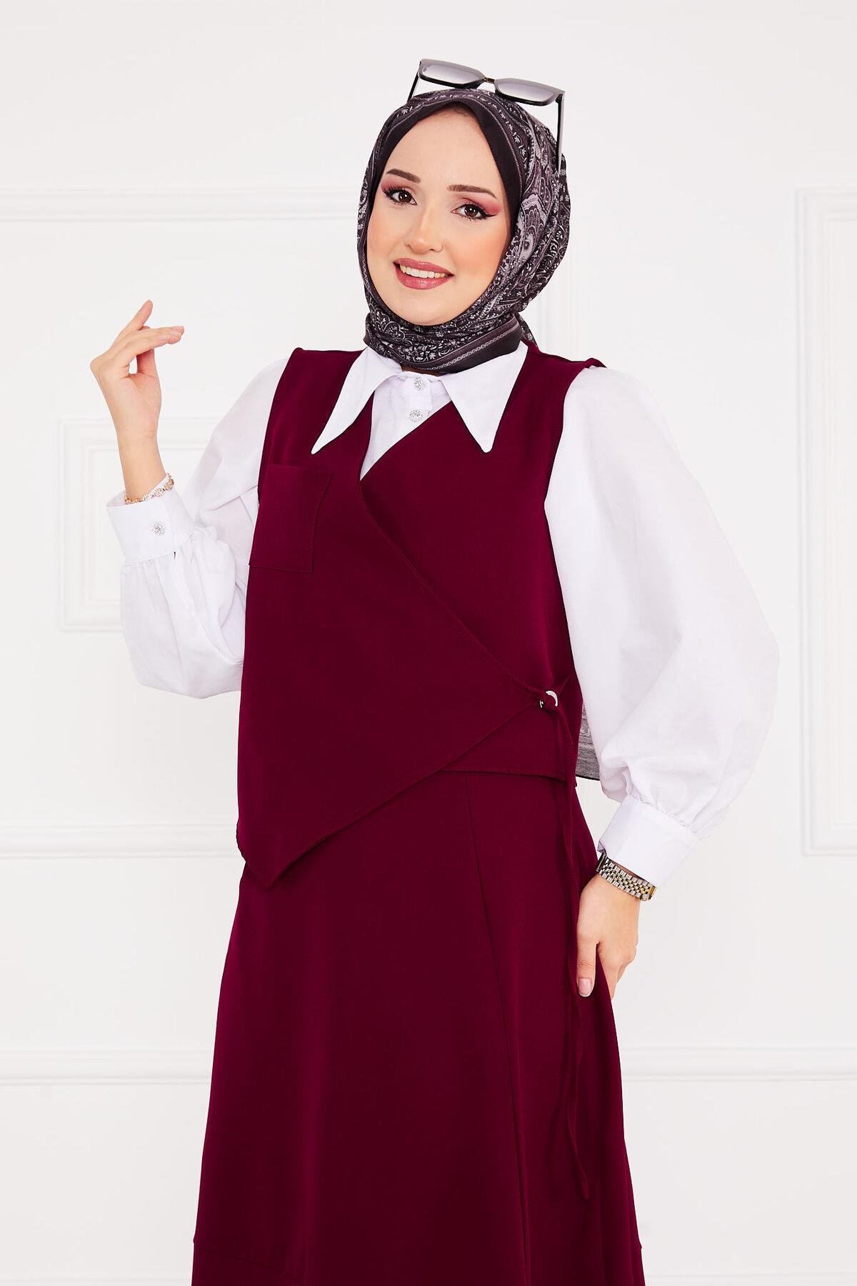 Yelekli Etek Tesettür Takım Bordo