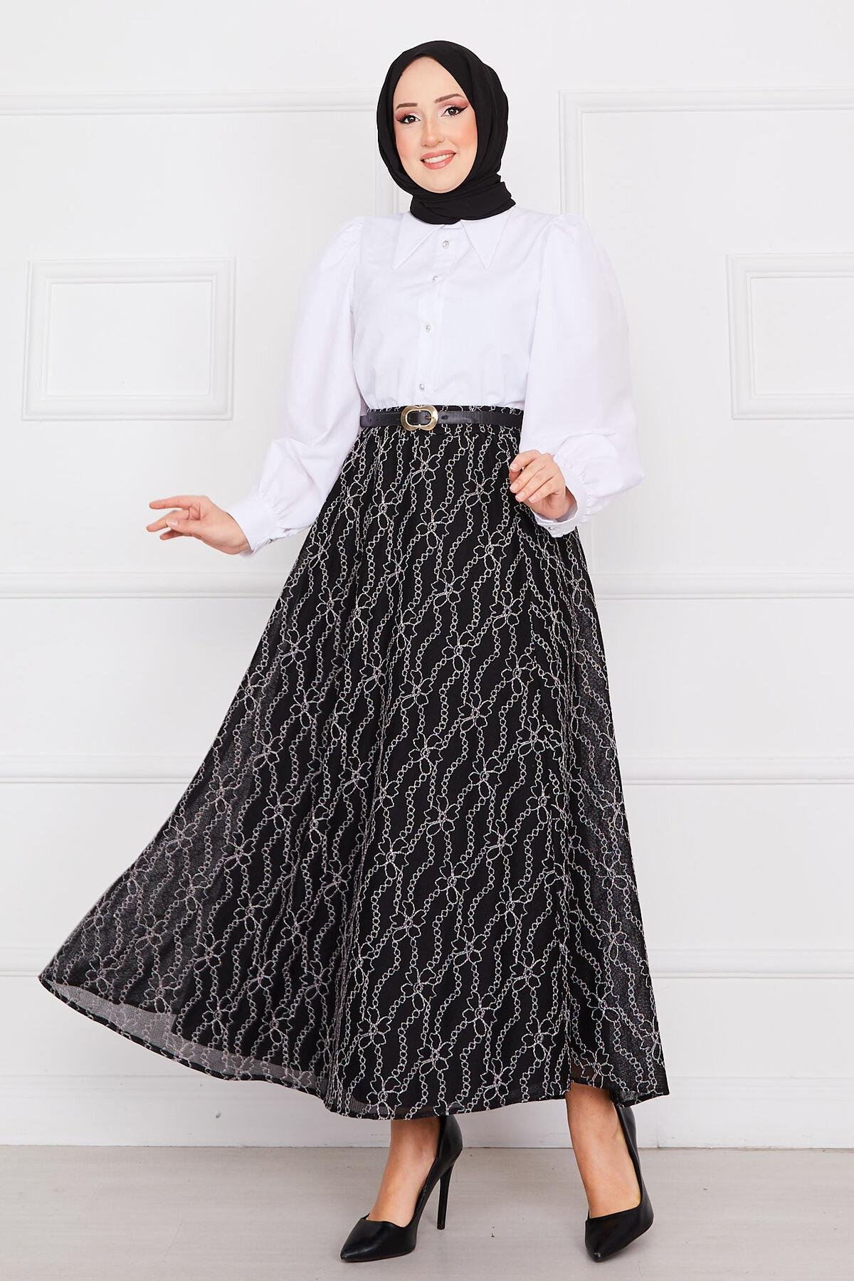 Zincir Desen Dantel Etek Siyah