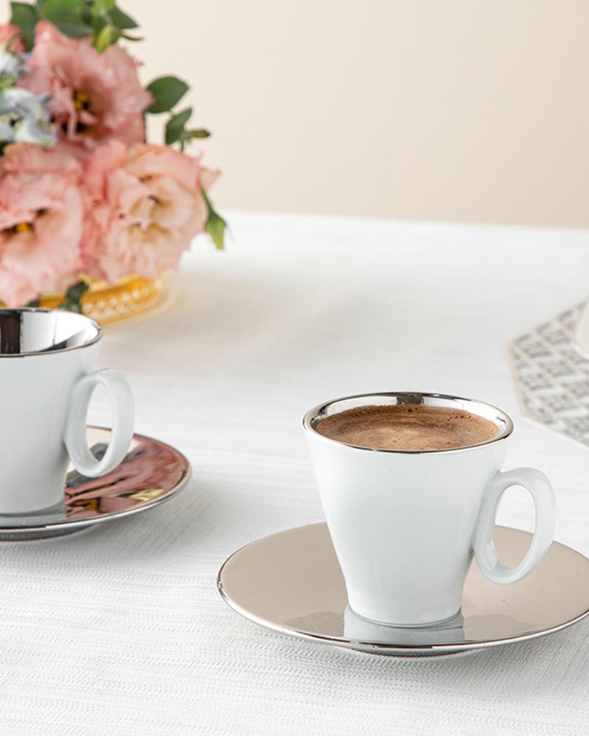 Elna Porțelan 4 Bucati Pentru 2 Persoane Set Cești De Cafea 80 Ml Argint.