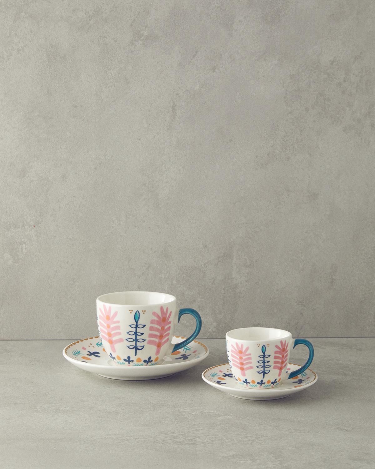 Love Adore Porțelan 4 Bucăți Pentru 2 Persoane Set De Cești De Cafea 90 Ml Roz-Albastru
