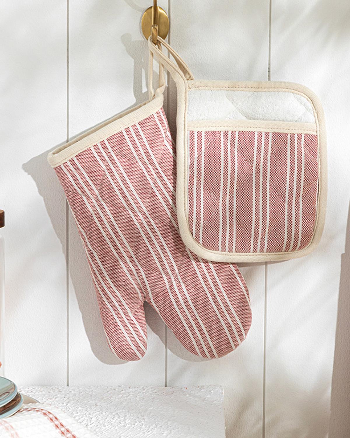 Set de bucătărie, mănusă și suport textil termorezistente, Scratch Line, bumbac, 19x28 cm+20x15 cm, roșu